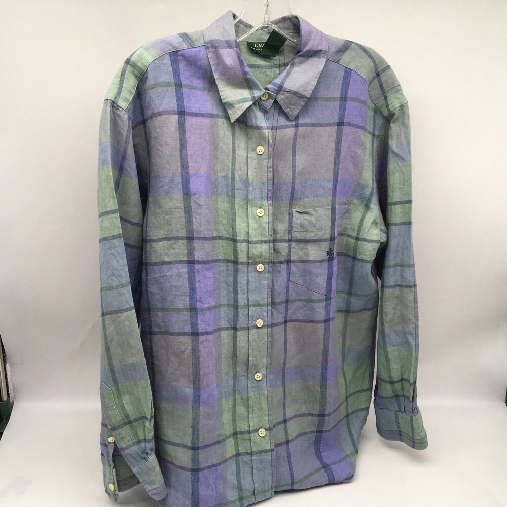 Lauren Ralph Lauren Womens Purple Plaid Linen Button Up Shirt Size Large